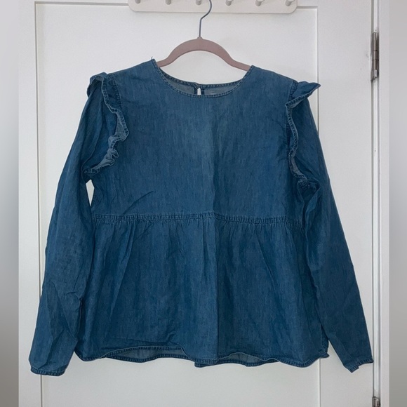 ASOS denim women’s size 6 light Blue Ruffled Peplum Jean Blouse - Picture 2 of 16